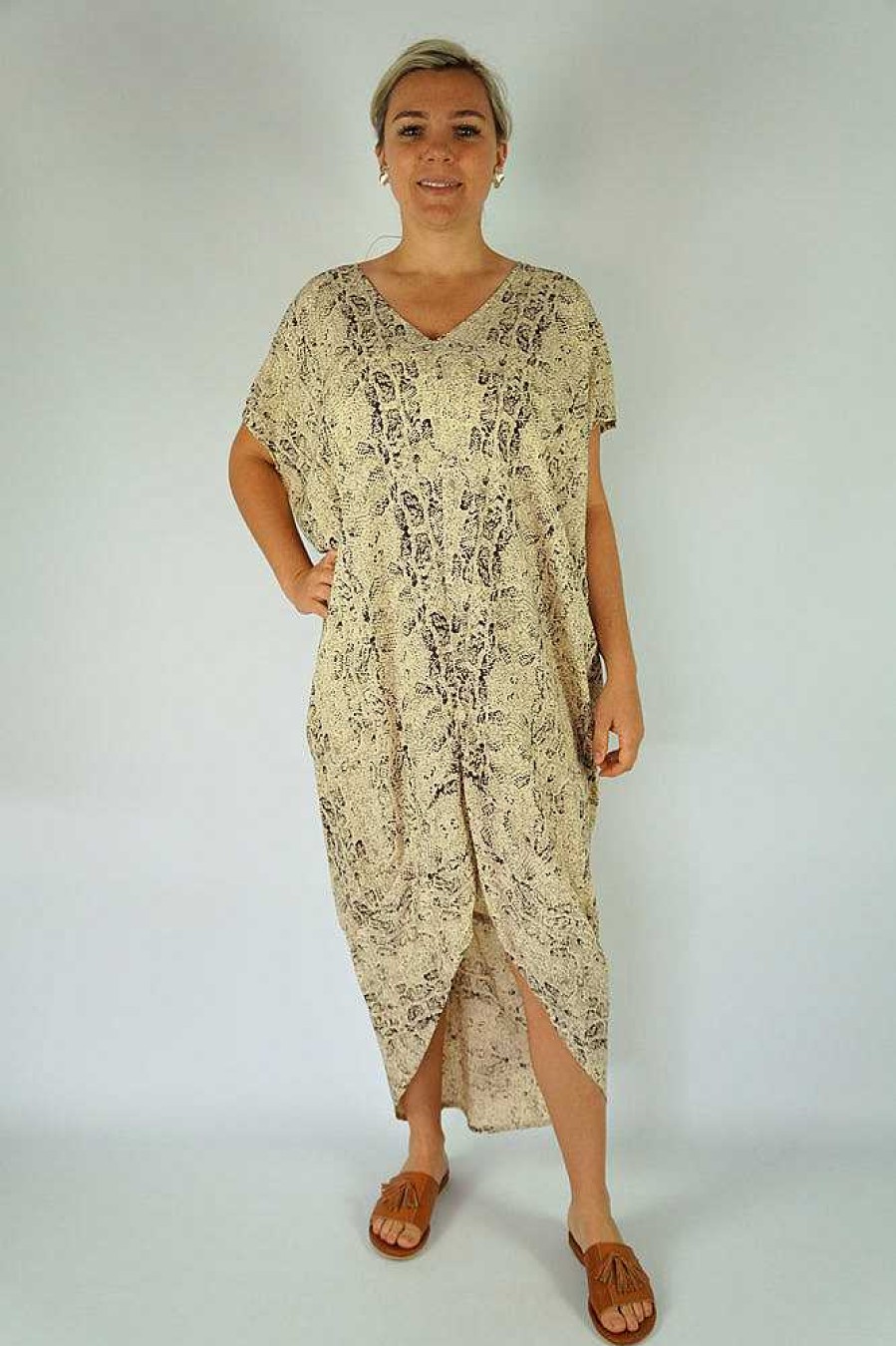 Ladies Sundrenched Long Dresses | Frilled Toga Dress "Cobra" Taupe