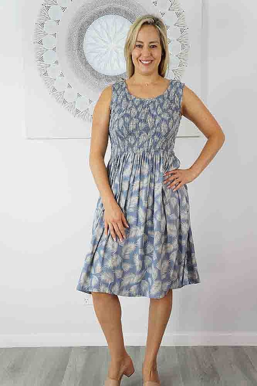 Ladies Sundrenched Mid Length Dresses | Singlet Smock Dress "Fern" Print