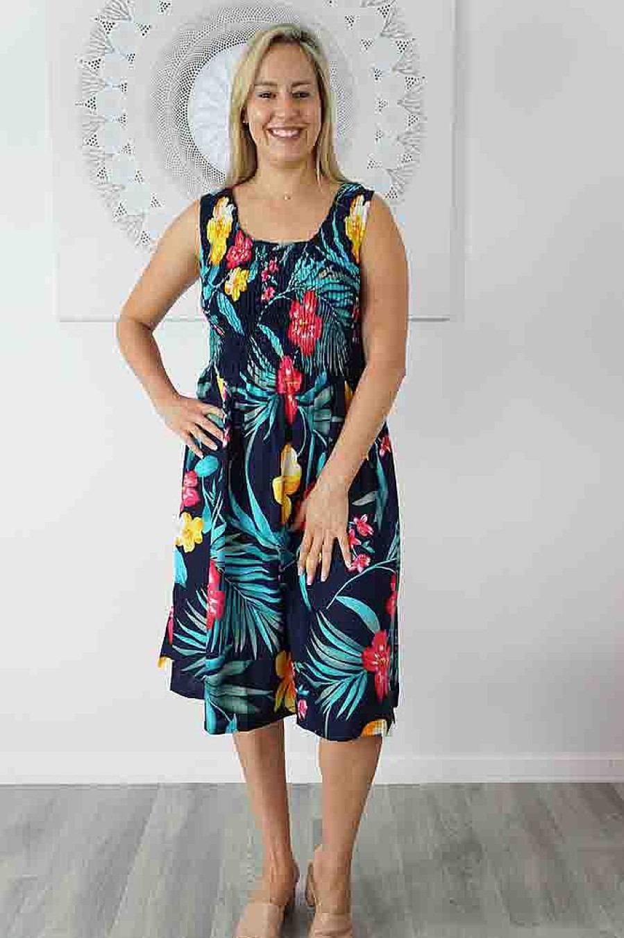 Ladies Sundrenched | Singlet Smock Dress "Ala Moana" Print Black