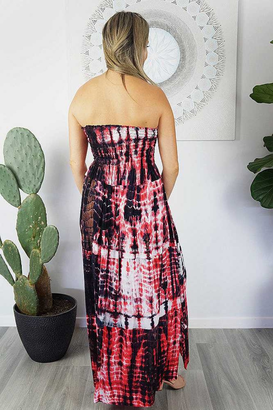 Ladies Sundrenched Long Dresses | Long Smock Dress - Meteor Design Red