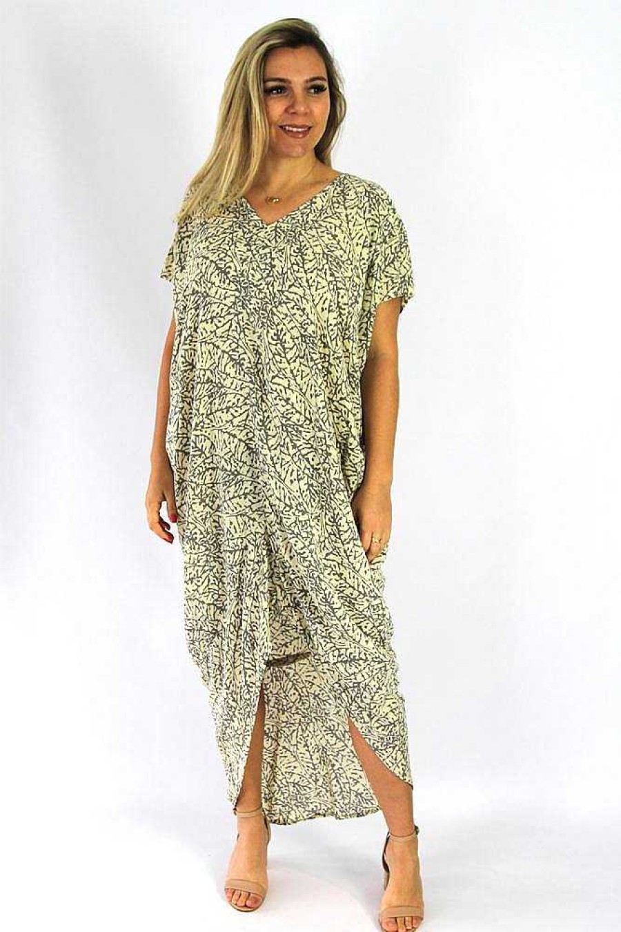 Ladies Sundrenched Long Dresses | Frilled Toga Dress "Fossil" Cream