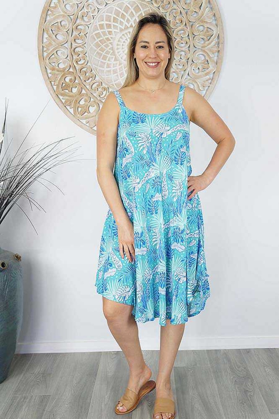 Ladies Sundrenched Mid Length Dresses | Montego Dress "Tropical Leaves"