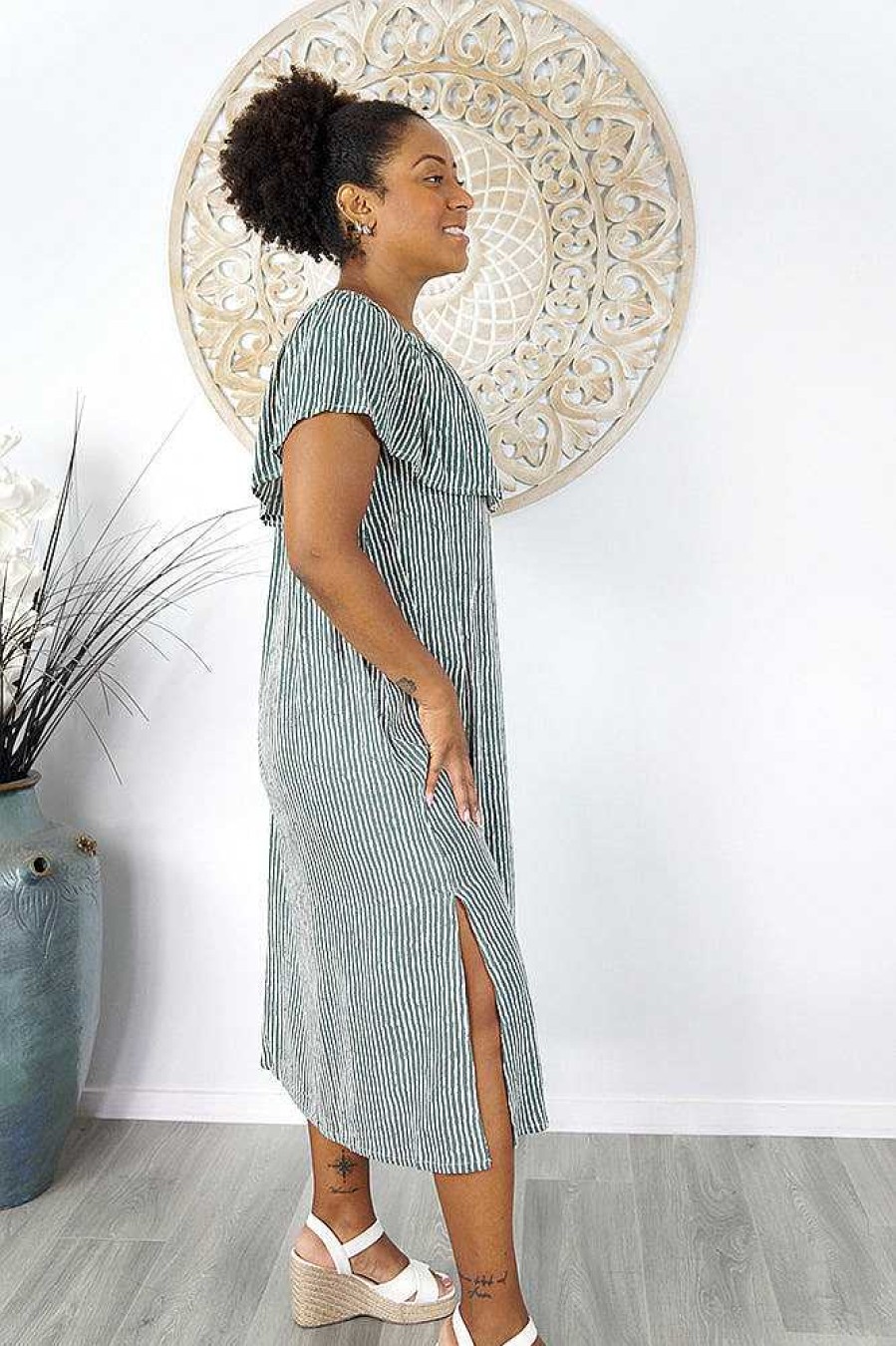 Ladies Sundrenched Long Dresses | Leo Dress "Stripes" Grey