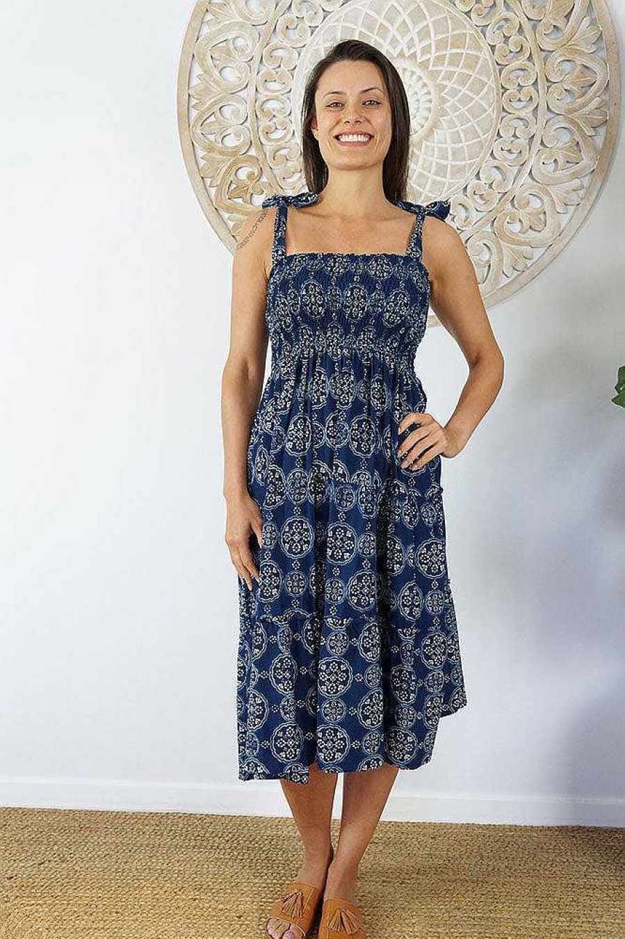 Ladies Sundrenched Mid Length Dresses | 3/4 Tie Up Smock Dress "Katmandu" Navy