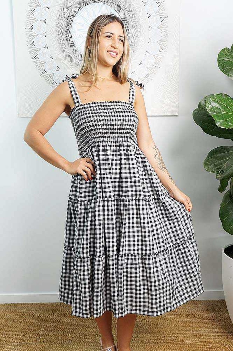 Ladies Sundrenched Mid Length Dresses | 3/4 Tie Up Smock Dress "Gingham"