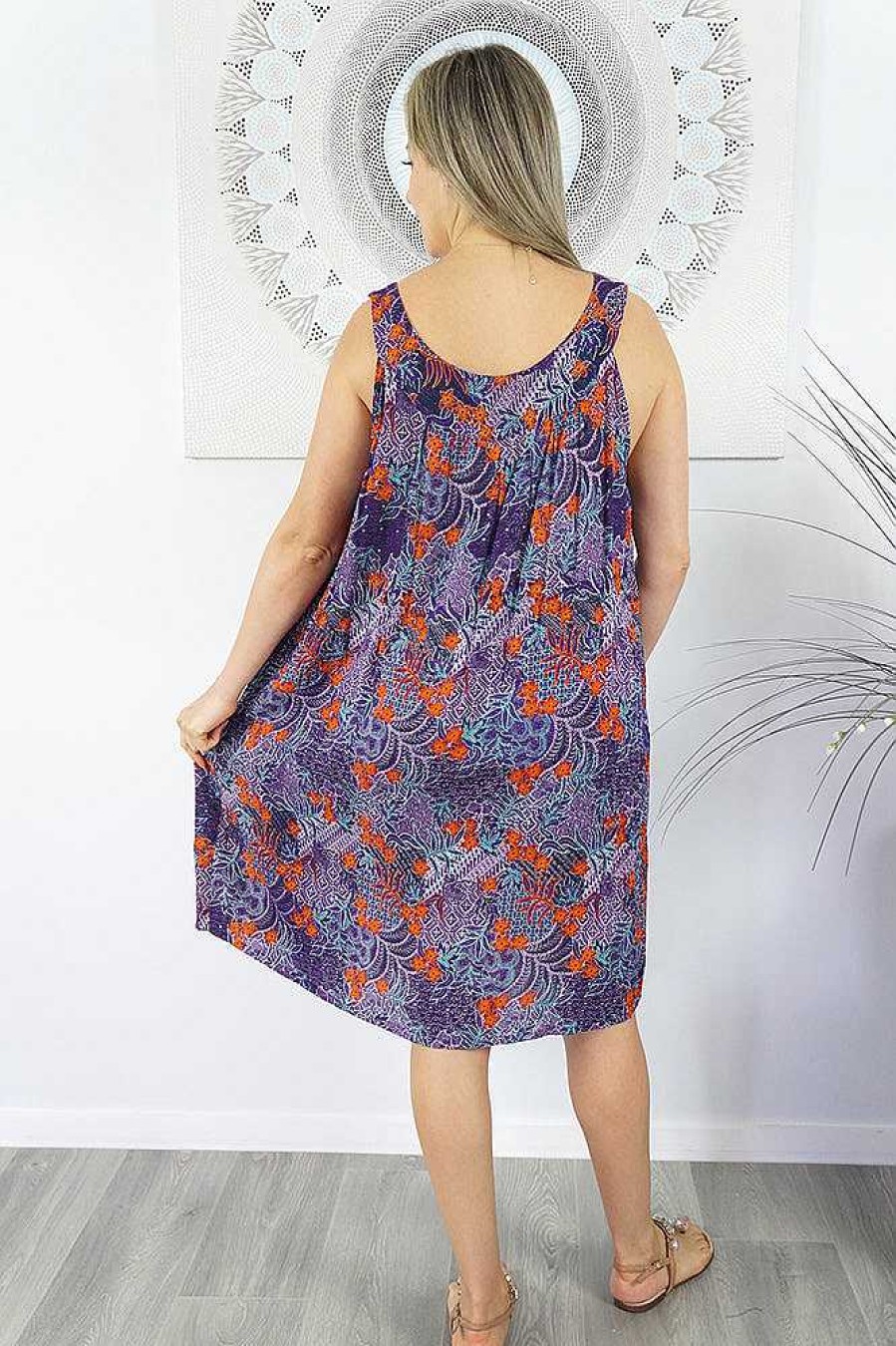 Ladies Sundrenched Short Dresses | Tahiti Dress "Batik Paisley" Purple