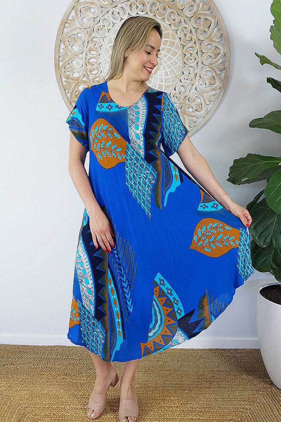 Ladies Sundrenched Mid Length Dresses | Newport Dress "Aztec" Royal