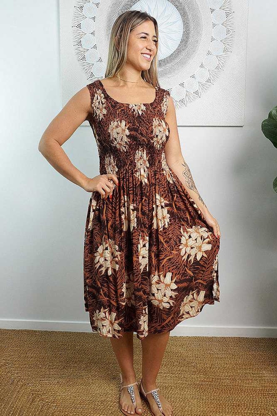 Ladies Sundrenched Mid Length Dresses | Singlet Smock Dress "Orchid" Brown