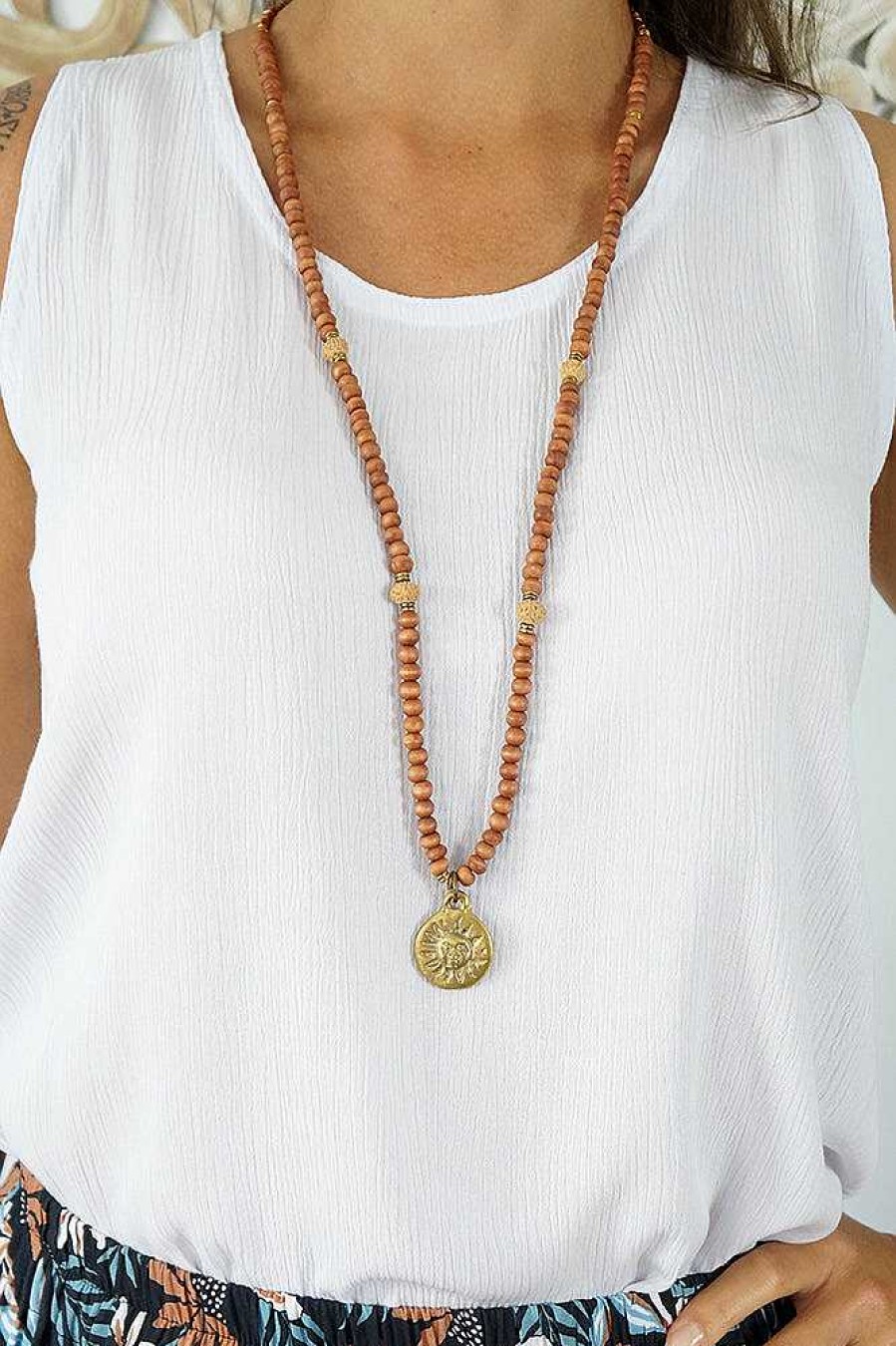 Accessories Sundrenched Necklaces | Sun Pendant On Beaded Necklace Brown