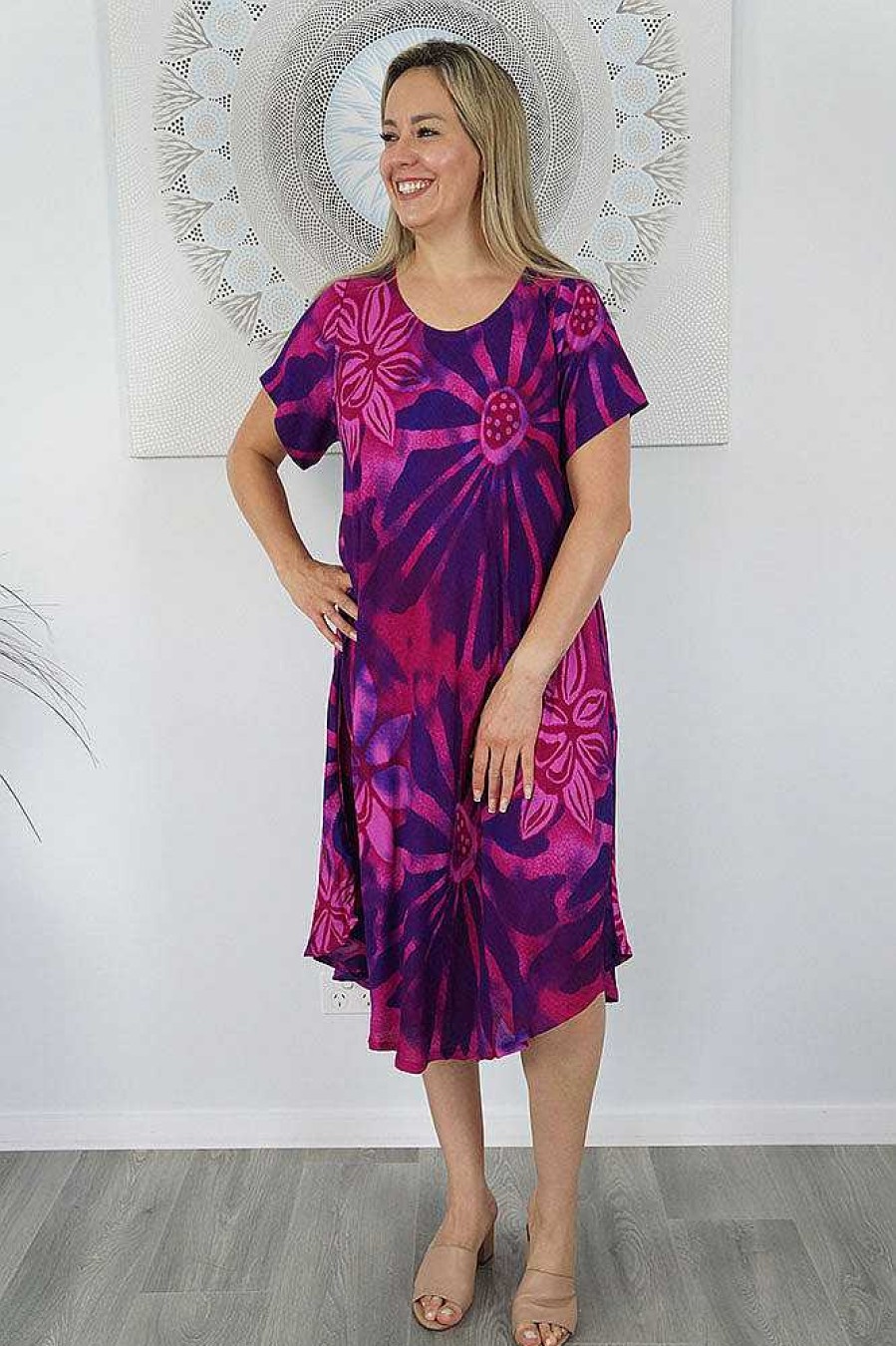 Ladies Sundrenched Mid Length Dresses | Newport Dress "Rising Sun" Print