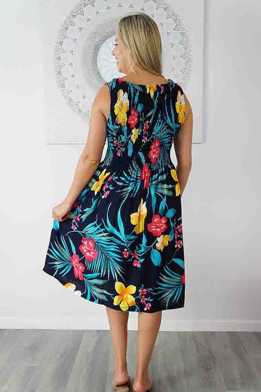 Ladies Sundrenched | Singlet Smock Dress "Ala Moana" Print Black