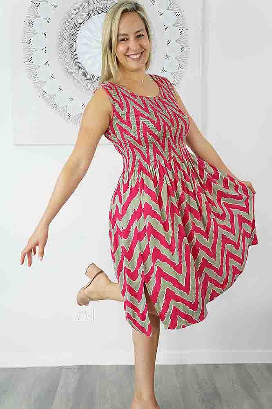 Ladies Sundrenched Mid Length Dresses | Singlet Smock Dress "Random Zigzag"