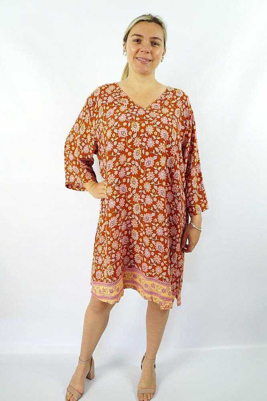 Ladies Sundrenched Short Dresses | 3/4 Sleeve Tunic "Juliet" Brown