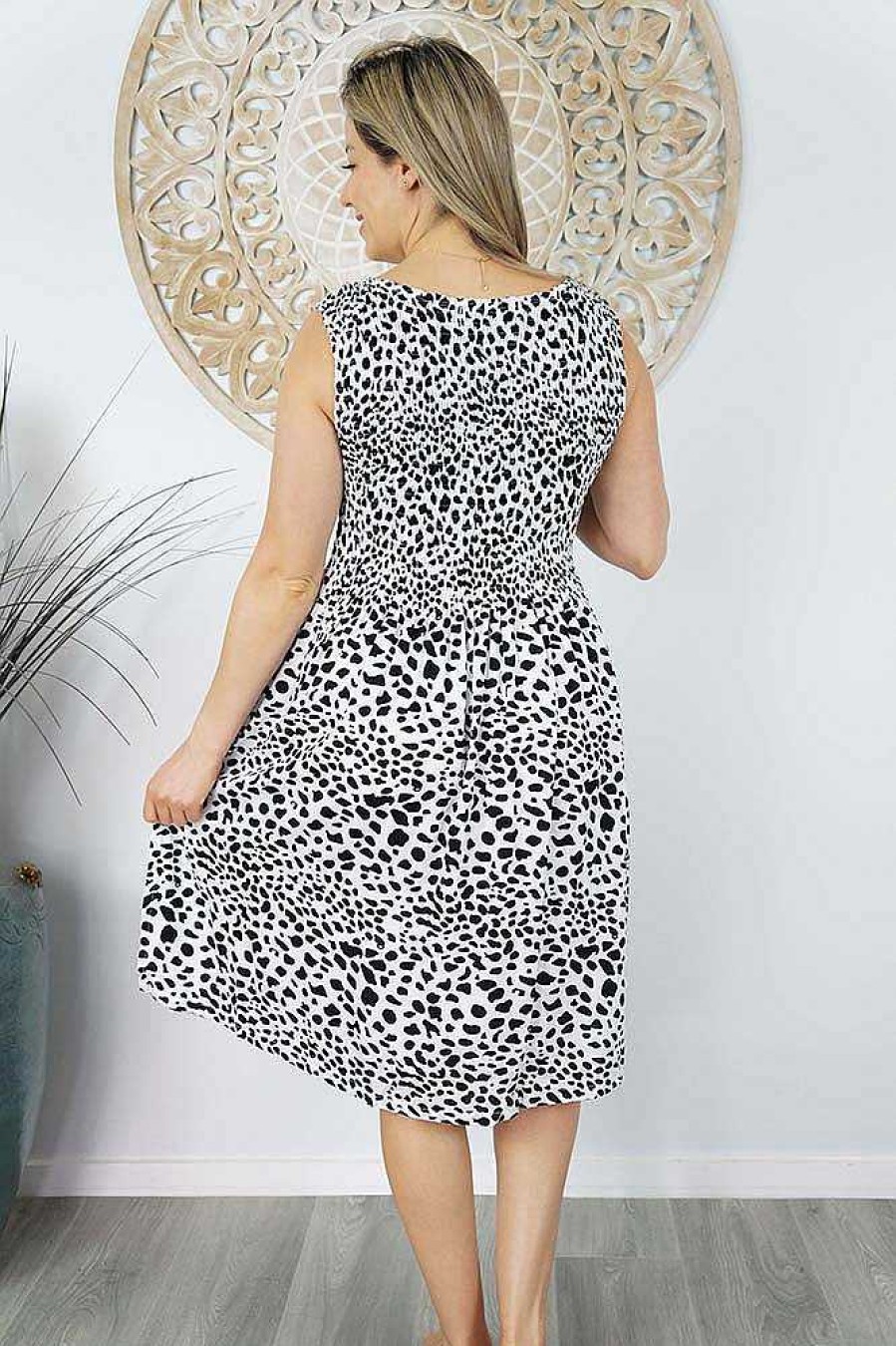 Ladies Sundrenched Mid Length Dresses | Singlet Smock Dress "Spotty" White/Black