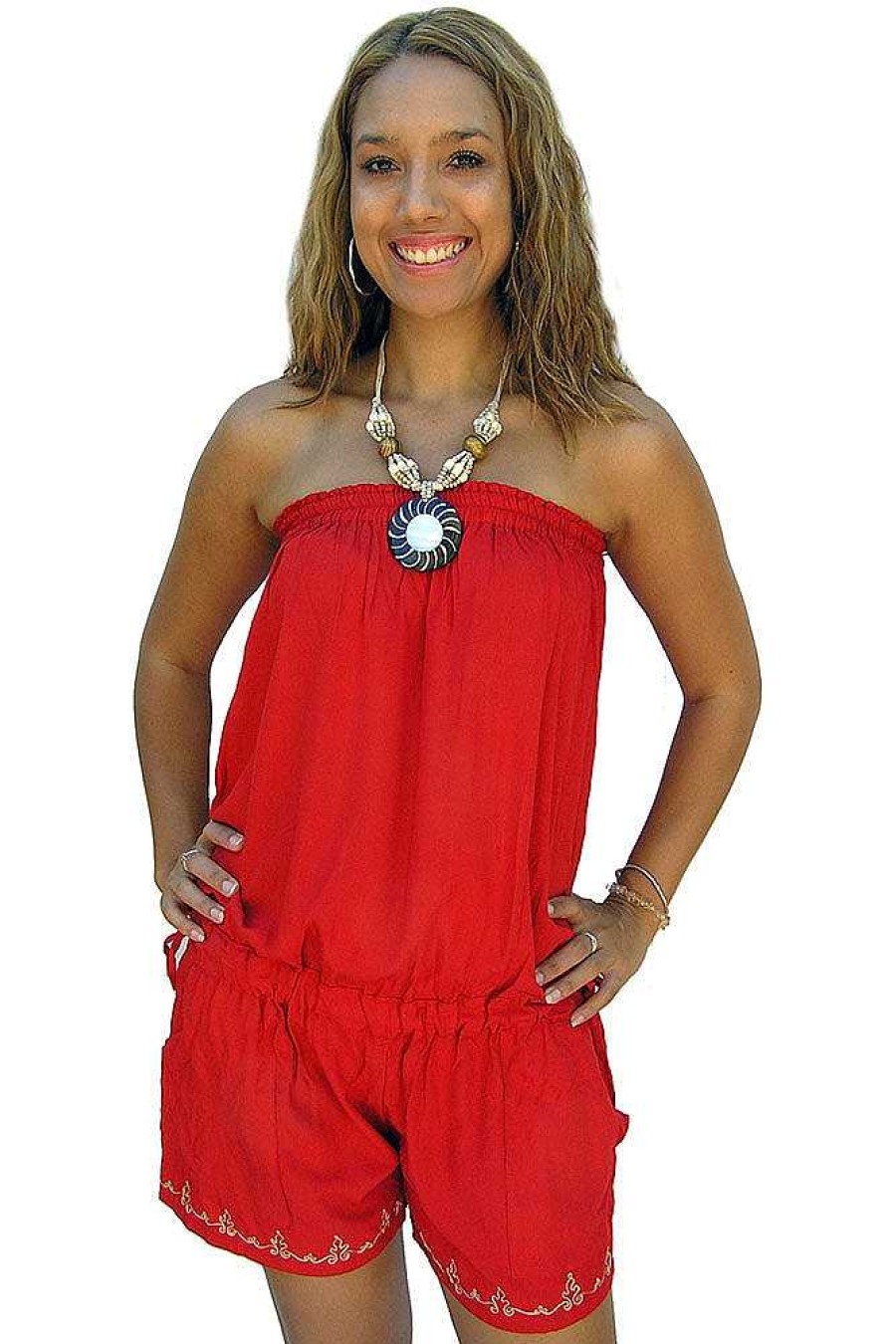 Plus Size Sundrenched | Short Jumpsuit Plain With Embroidery Detail Red