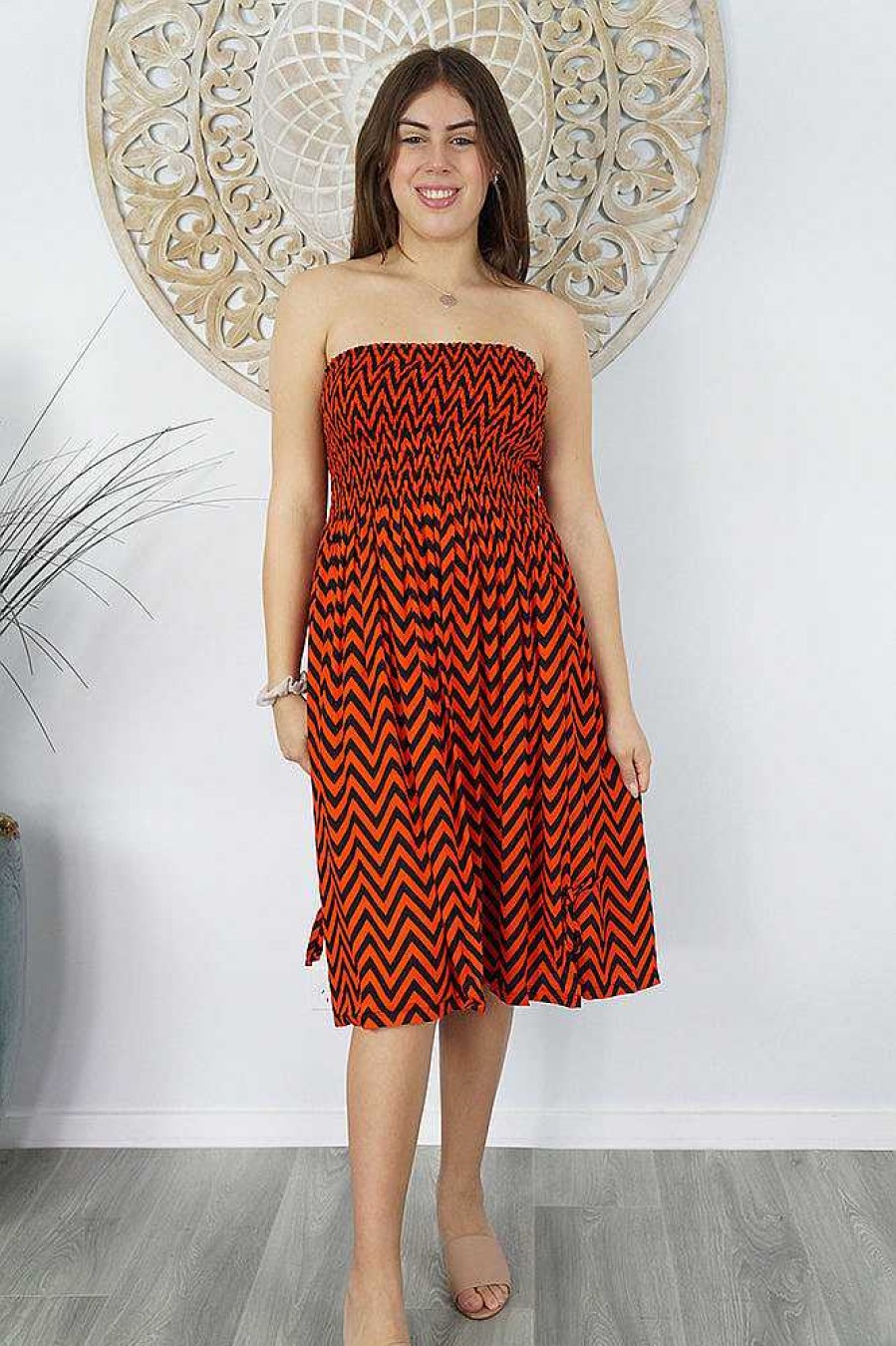 Ladies Sundrenched Short Dresses | Smock Dress "Zigzag" Orange