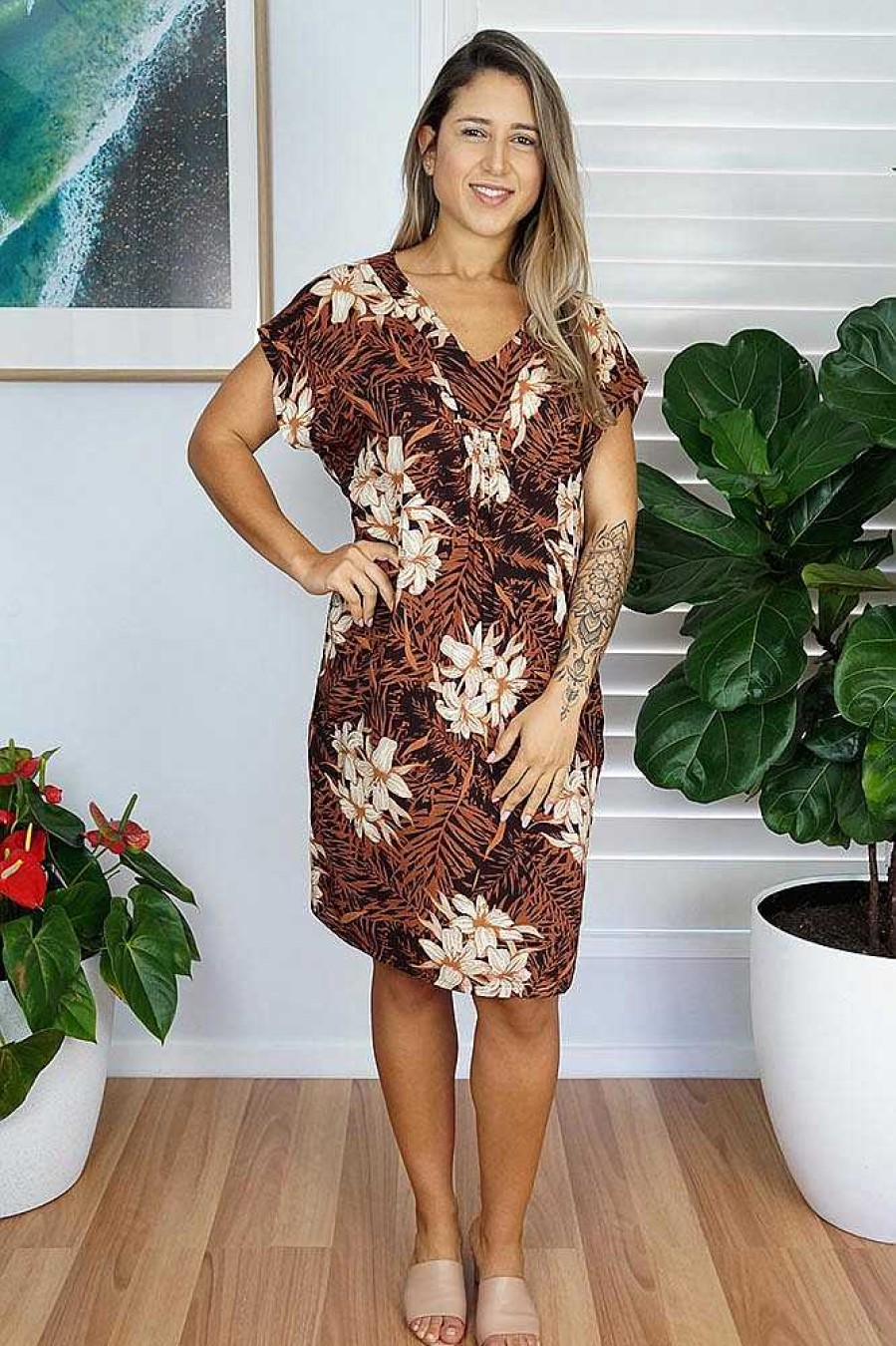 Ladies Sundrenched Short Dresses | Cruiser Dress "Orchids" Brown