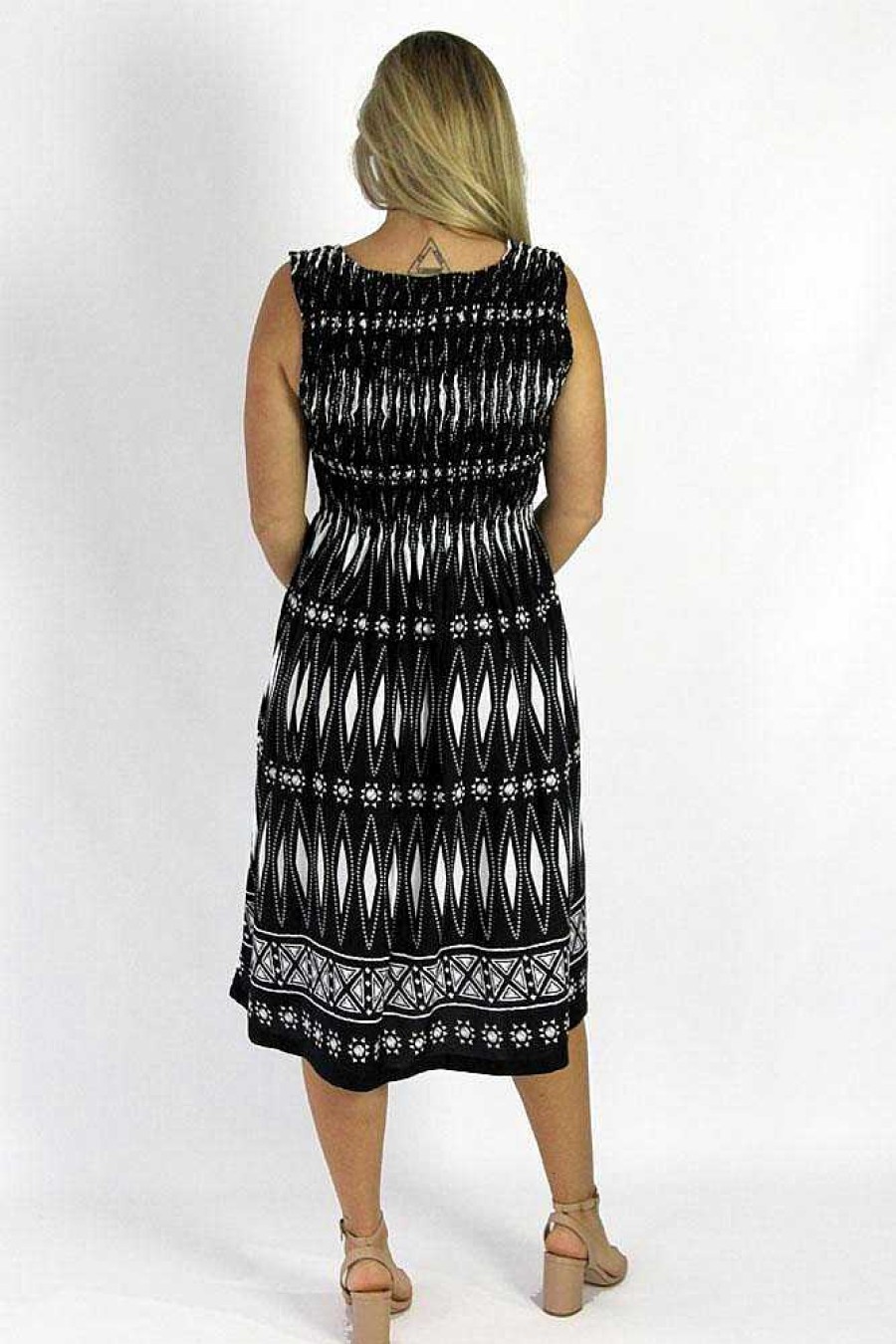 Ladies Sundrenched Mid Length Dresses | Singlet Smock Dress Tiffany Black