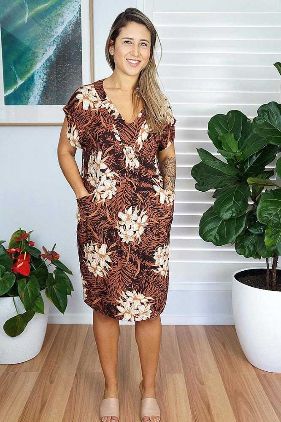 Ladies Sundrenched Short Dresses | Cruiser Dress "Orchids" Brown