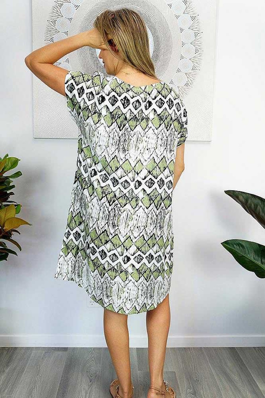 Plus Size Sundrenched | Michelle Dress "Abstract Diamond" Olive