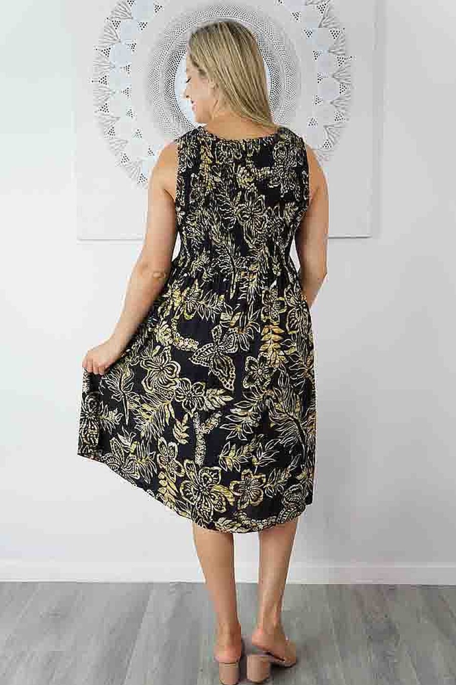 Ladies Sundrenched | Singlet Smock Dress "Golden Dreams" Black