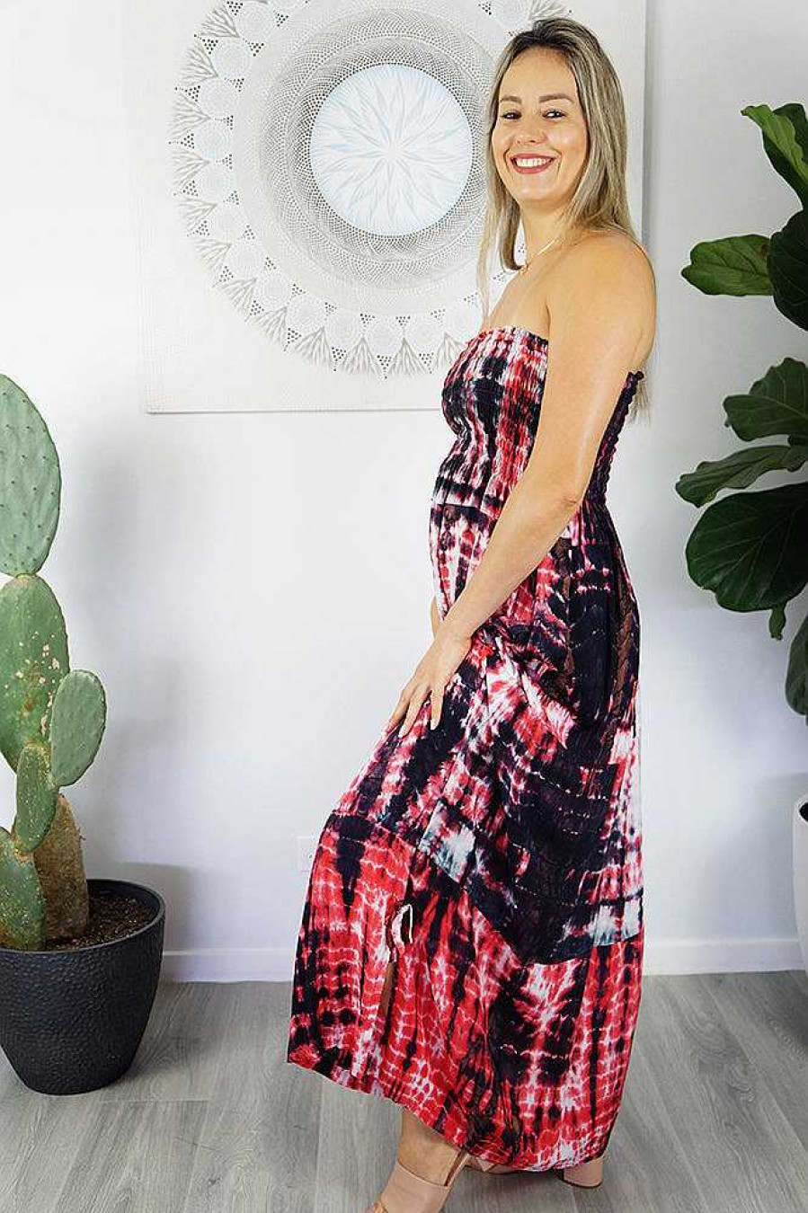 Ladies Sundrenched Long Dresses | Long Smock Dress - Meteor Design Red