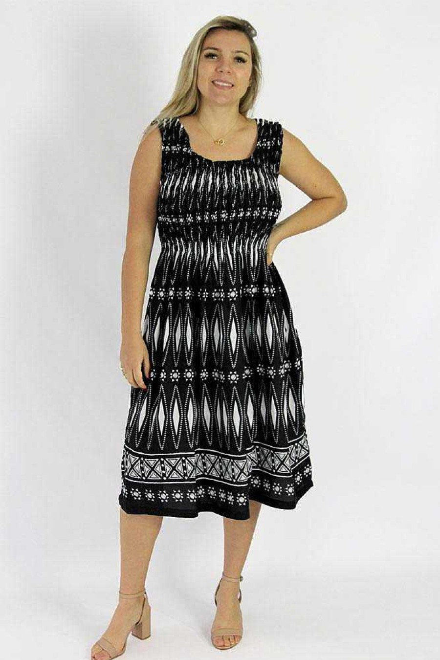 Ladies Sundrenched Mid Length Dresses | Singlet Smock Dress Tiffany Black