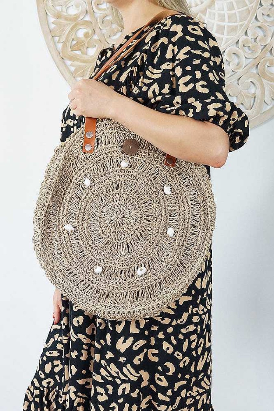 Accessories Sundrenched Rattan Bags | Round Sea Grass Carry Bags Round With Shell Trims