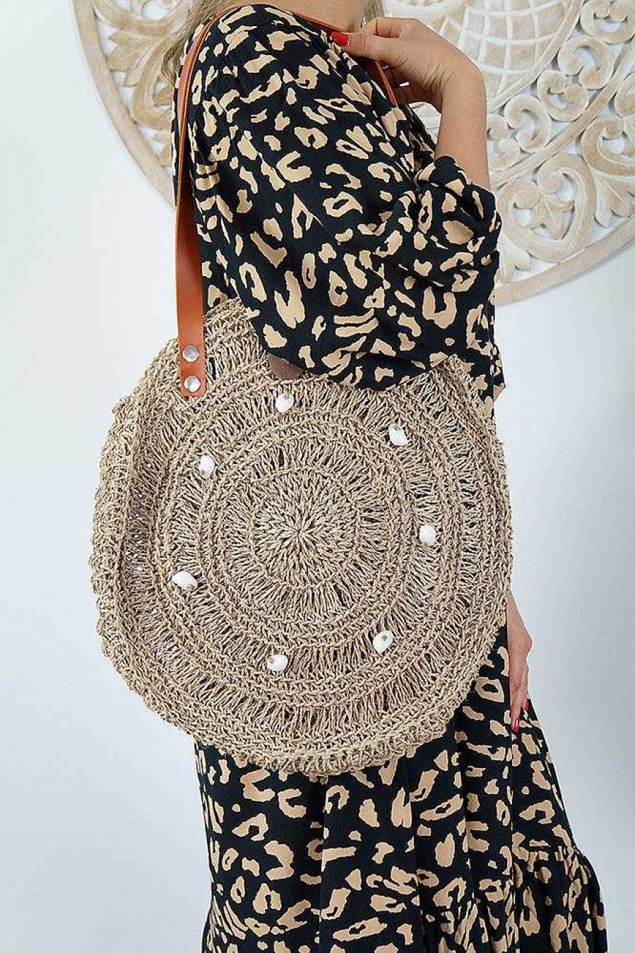 Accessories Sundrenched Rattan Bags | Round Sea Grass Carry Bags Round With Shell Trims