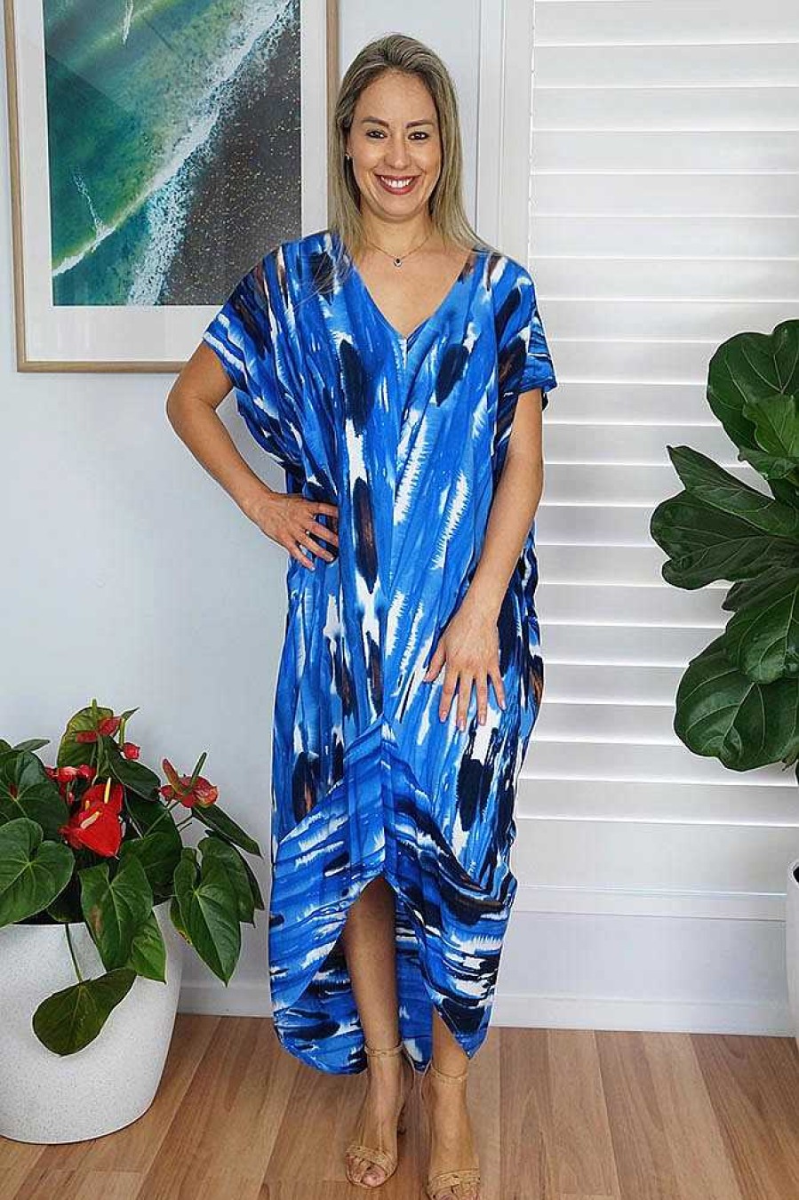 Ladies Sundrenched Long Dresses | Frilled Toga Dress "Streaky Tie Dye" Blue