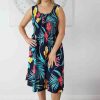 Ladies Sundrenched Mid Length Dresses | Singlet Smock Dress "Ala Moana" Print Black