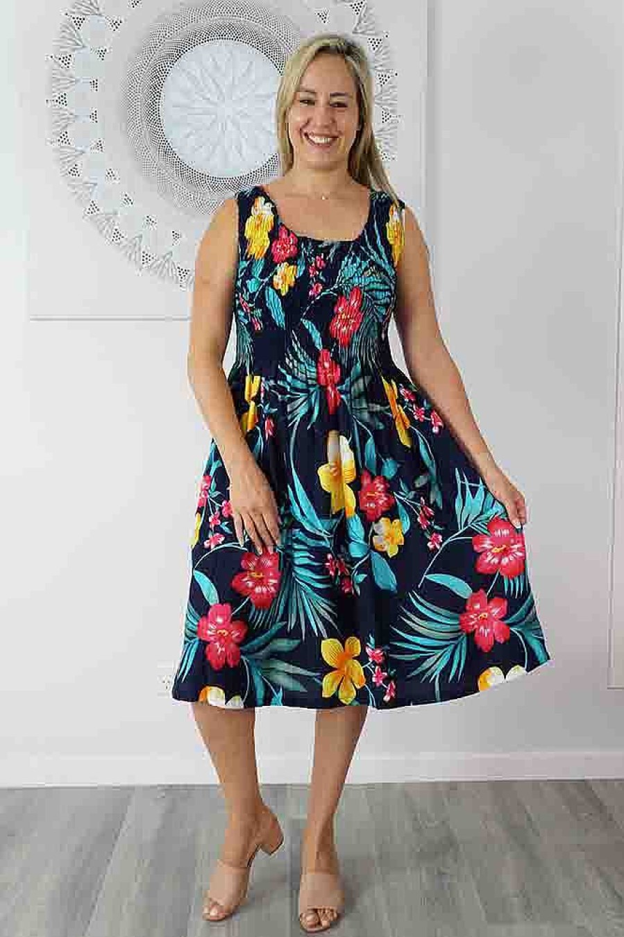 Ladies Sundrenched Mid Length Dresses | Singlet Smock Dress "Ala Moana" Print Black